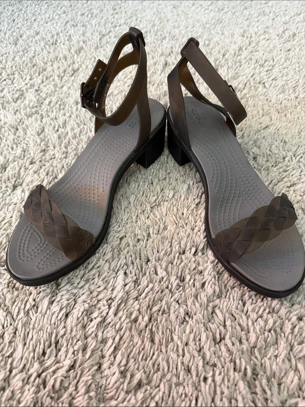CROCS Brown and Beige Leather Block Heel Sandals